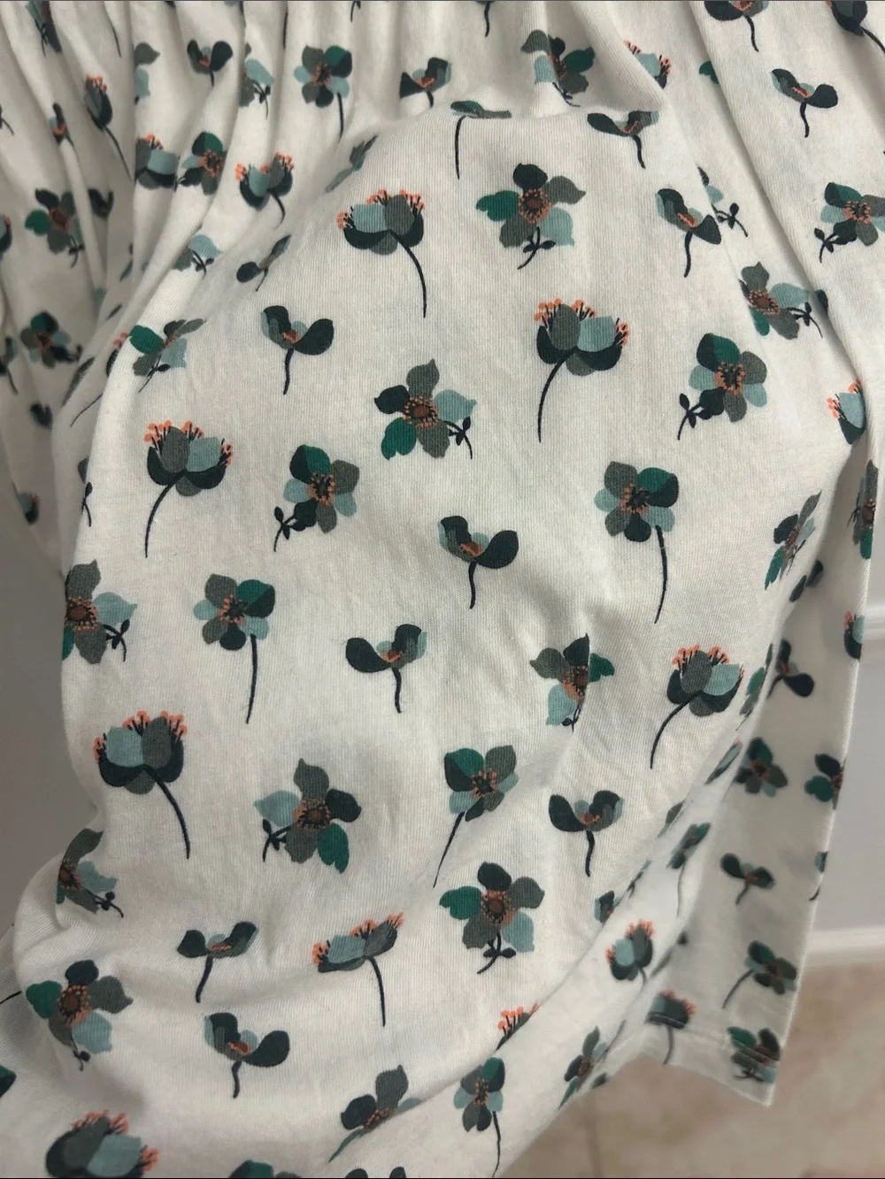 Floral Smocked Puff-Sleeve Top - Cream with Green Print